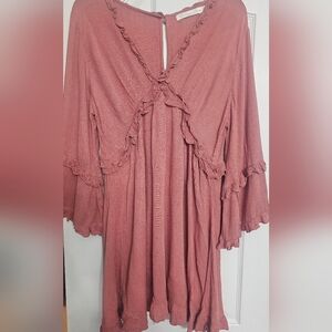dusty pink ruffle-trim mini dress from the brand Quiet Storm. Boho Large